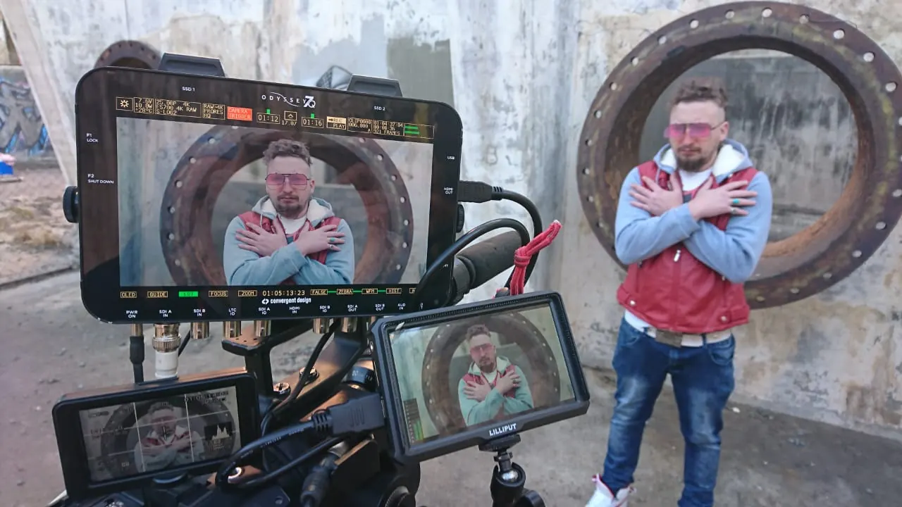 Camera monitor framing talent on location